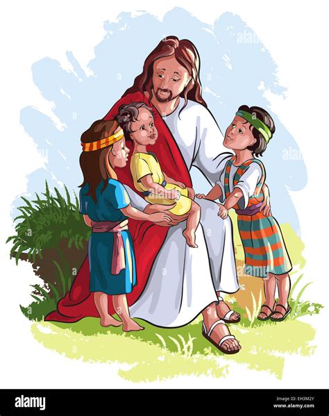 Jesús con los niños. Dibujos animados de color cristiano ilustración de acontecimientos en la ...