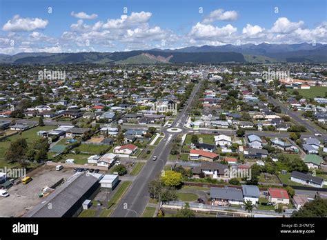 LEVIN, NEW ZEALAND - Nov 18, 2021: Aerial shot of Levin looking along ...