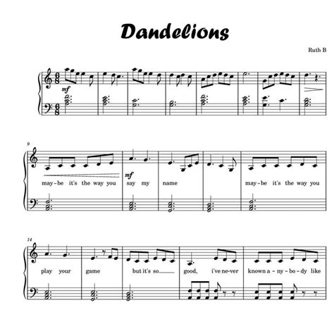 DANDELIONS Easy Piano Sheet Music Score With Note Names Ruth B ...