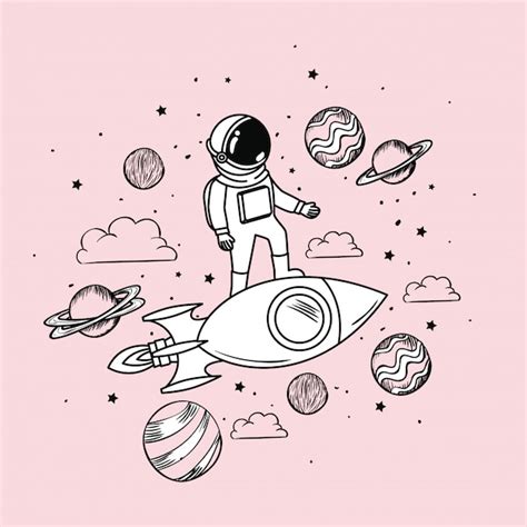 Free Vector | Astronaut draw with rocket and planets