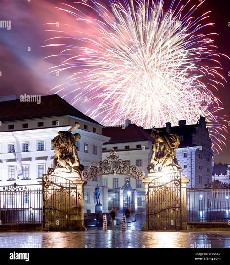 Matthias Gate, at Hradcany Castle Prague at night and holiday fireworks ...