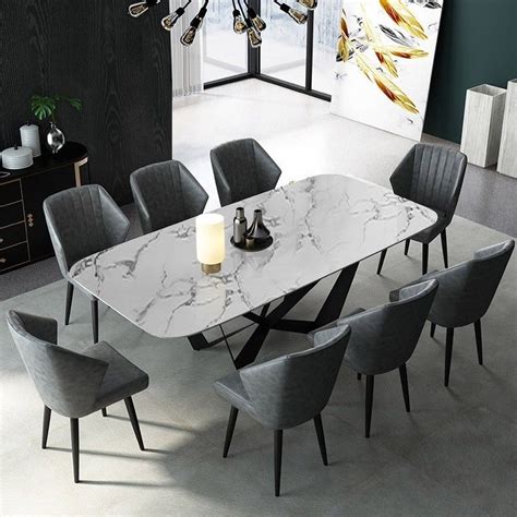 Modern Stylish 63" Rectangle White Faux Marble Top Dining Table in ...