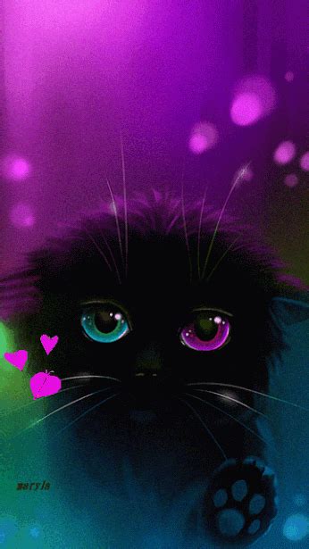 a black cat with blue eyes and pink hearts
