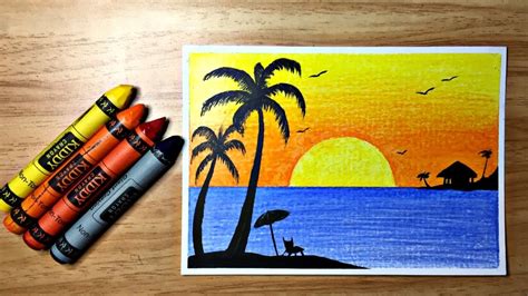 How to Draw Easy Beach Scenery Using Wax Crayons for Beginners / Step by step tutorial - YouTube