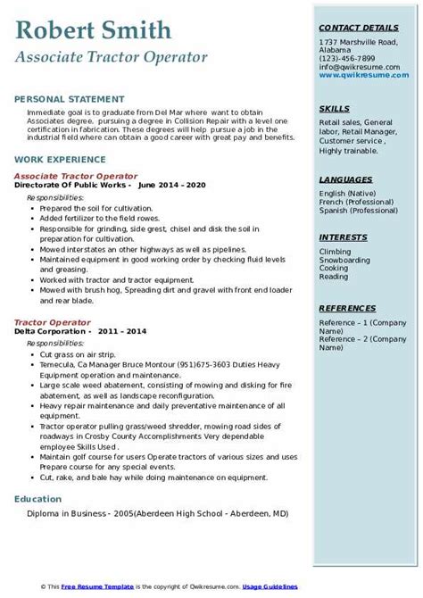 Tractor Operator Resume Samples | QwikResume