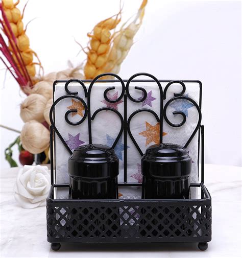 Amazon.com: GoCraft Metal Napkin Holder and Salt & Pepper Caddy with Ceramic Shaker Sets - Black ...