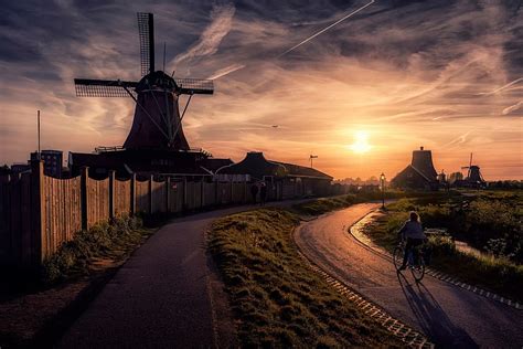 HD wallpaper: sunset, winter, windmill, Netherlands, environmental ...