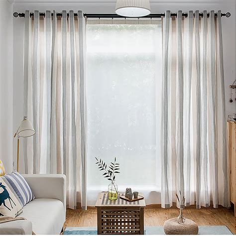 Sunnyside Luxury Linen Light Blue Gray Striped Sheer Curtains