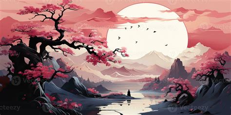 AI Generated. AI Generative. Vintage retro traditional Japanese Asian landscape background ...