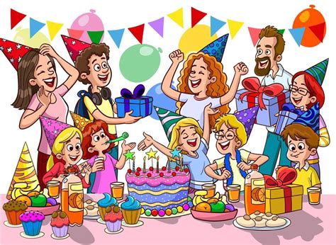 Cartoon kids party poster with big table sweets and gifts in birthday ...