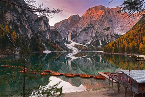 Lago Di Braies Lake and Seekofel Peak at Sunrise, Dolomites. Italy Stock Image - Image of autumn ...