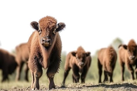 Premium AI Image | Bison baby with the herd Buffalo calf with adults