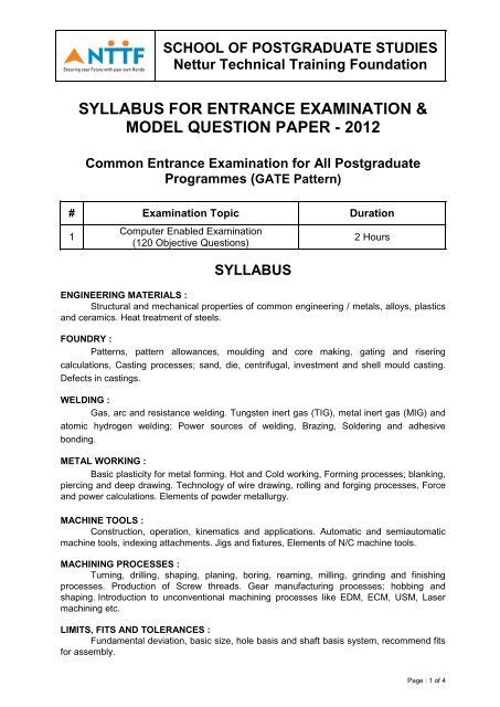 Entrance Exam Syllabus & Model Question Paper - NTTF