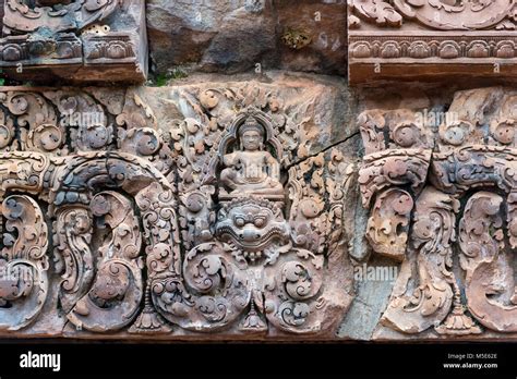 Wall carvings at Banteay Srei Temple near Angkor, Cambodia Stock Photo ...