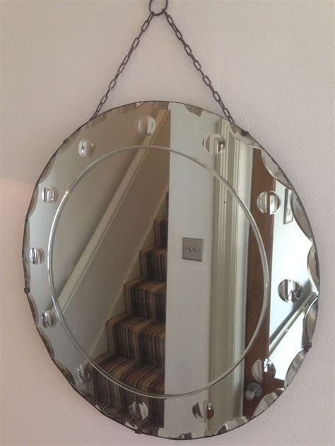 VINTAGE 40s 50s Bevelled Edge Round MIRROR Frameless ORIGINAL CHAIN Large 50cm | Mirror, Round ...