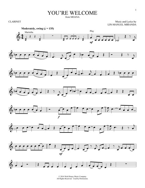 You're Welcome Sheet Music | Lin-Manuel Miranda | Clarinet PlayAlong