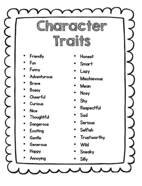 Printable Character Traits List – PrintableAll