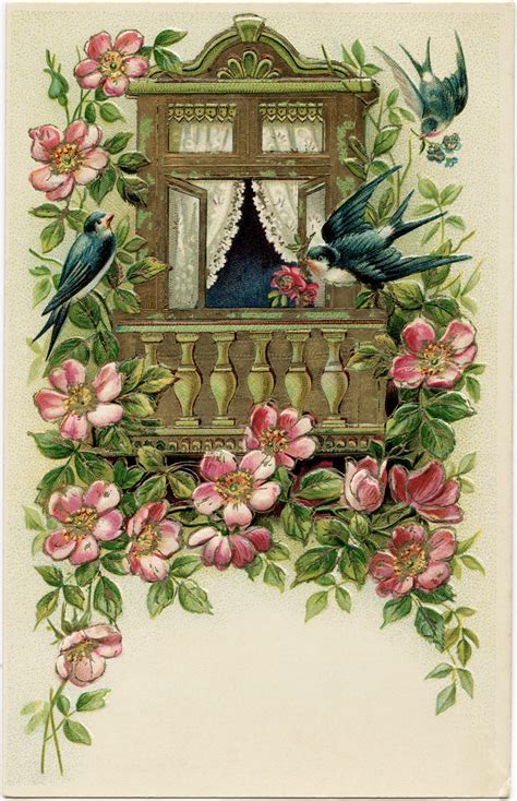 Birds and Flowers Postcard ~ Free Vintage Image | Old Design Shop Blog