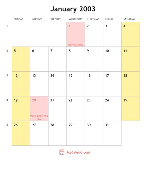 January 2003 calendar with holidays - monthly printable calendar