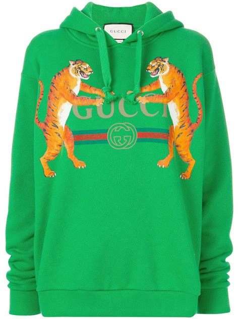 Gucci Cotton Tiger Print Logo Hoodie in Green - Lyst