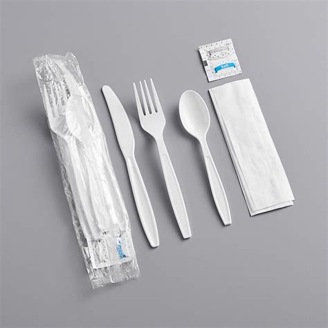 Visions Individually Wrapped Heavy Weight White Plastic Cutlery Pack with Napkin and Salt and ...