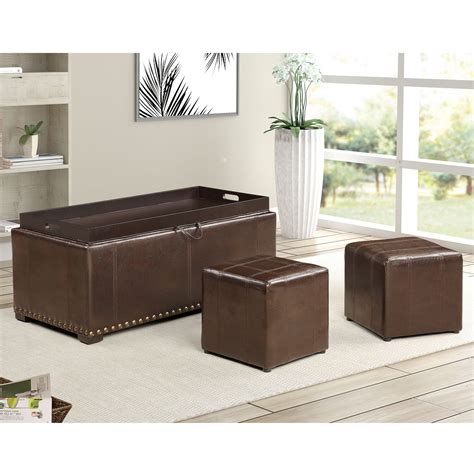 Leather Storage Bench with 2 Side Ottomans, Brown - Walmart.com