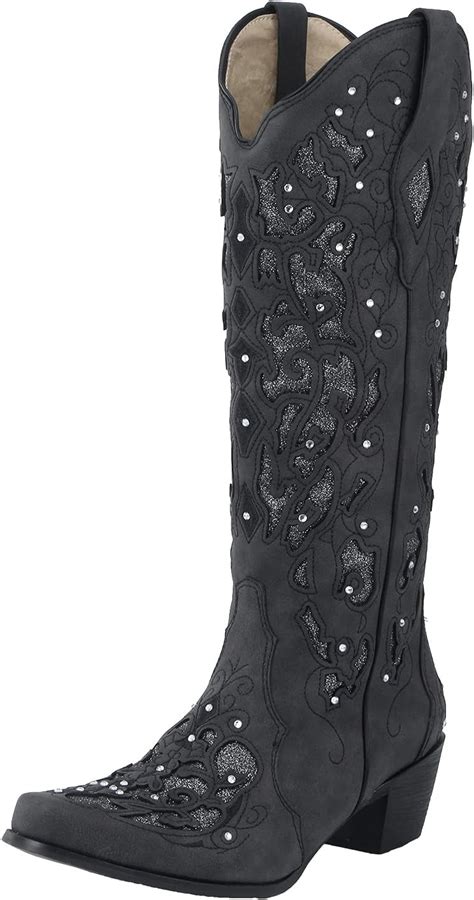 Amazon.com: Boots Chunky Western Cowboy Embroidered Boots Heel Knee Low ...