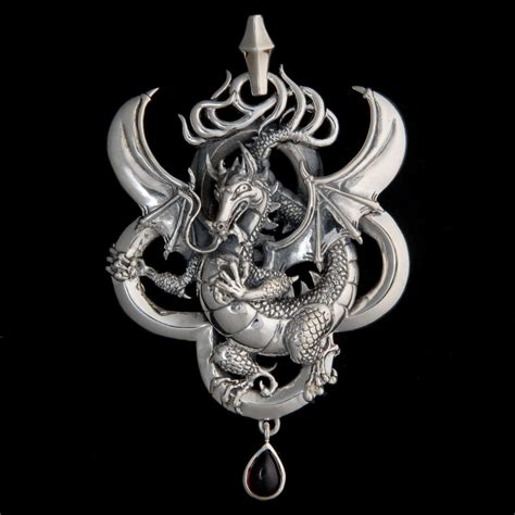 Pendant: Large Celtic Dragon – Sterling Silver with Garnet Tear Drop ...