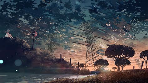 Gray electricity tower, anime, artwork, power lines, sunset HD ...