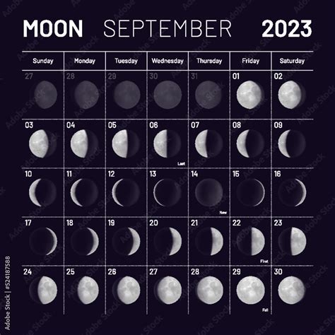 September lunar calendar for 2023 year, monthly cycle planner. Astrological schedule with lunar ...