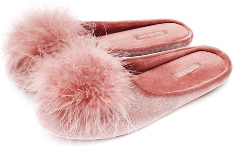 Amazon.com | BCTEX COLL Lady's Cozy Velvet Slippers with Fluffy Pom Pom Feather, House Bedroom ...