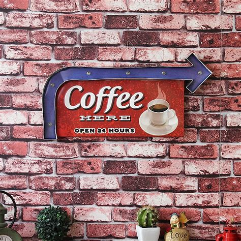 COFFEE HERE OPEN 24 HOURS Large LED Lights Tin Sign Vintage Iron Painting Cafe Bar Decor Retro ...