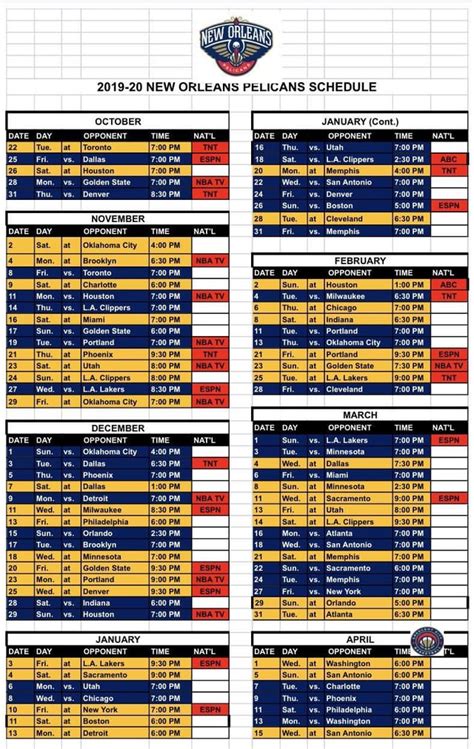 Full 2019-2020 Pelicans NBA Schedule : r/NOLAPelicans