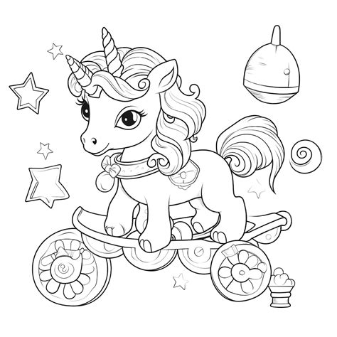 Cute Unicorn Rocking Horse And Baby Toys Drawing Coloring Page Illustration, Unicorn, Pony, Cute ...
