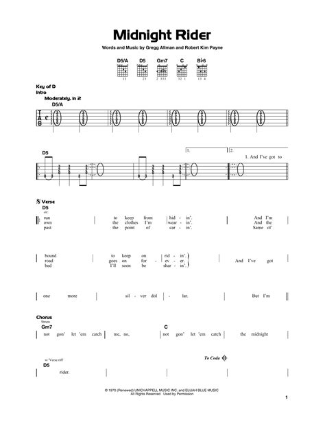 Midnight Rider by The Allman Brothers Band Sheet Music for Really Easy Guitar at Sheet Music Direct