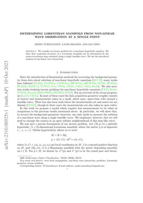 (PDF) Determining Lorentzian manifold from non-linear wave observation at a single point