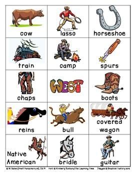 Cowboy Vocabulary Words and Picture Cards for Writing Center Write the Room ESL