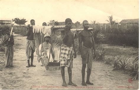 Translated caption reads: ''French Congo and Territories - Tipoye transportation in Loango''. A ...