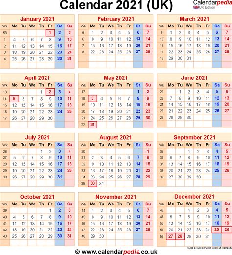 Calendar 2021 UK with bank holidays & Excel/PDF/Word templates