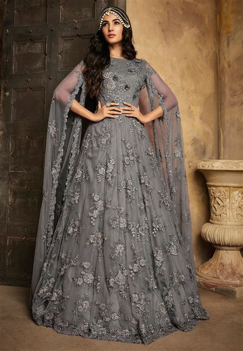 Buy Embroidered Net Gown in Grey Online : TCH23 - Utsav Fashion