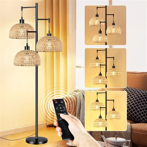 ILLMTW Boho Floor Lamp for Living Room Bedroom with Remote Dimmable,Rattan Floor Lamps Tree 3 ...