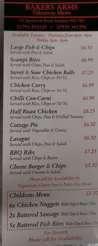 Menu at The Bakers Arms pub & bar, Swindon, Bakers Arms