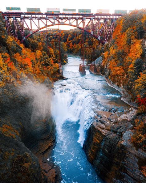 Genesee Arch Bridge over the Genesee River gorge in Letchworth State Park during fall ...