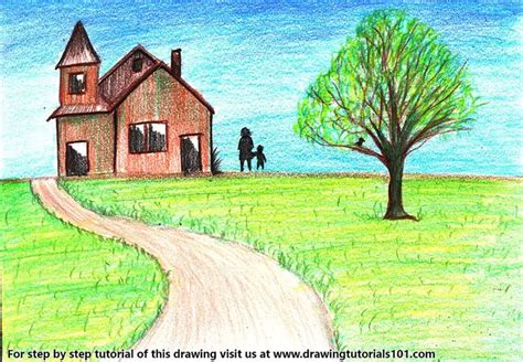 Learn How to Draw a House Scenery (Scenes) Step by Step : Drawing Tutorials