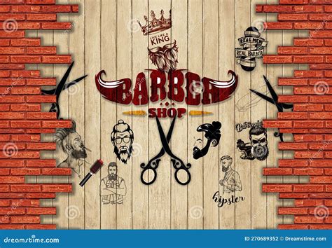 Barber Shop Graffiti Wallpaper Design with Bricks and Wooden Background ...