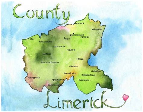 Map Art Ireland Map County Limerick Ireland Fine Art Watercolor Print ...