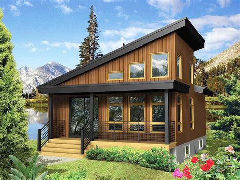 this is a computer rendering of a small cabin style house with porches ...