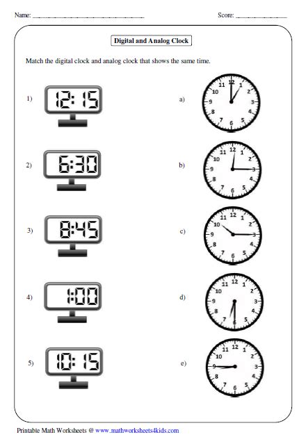 Analog Digital Clock Matching Worksheets