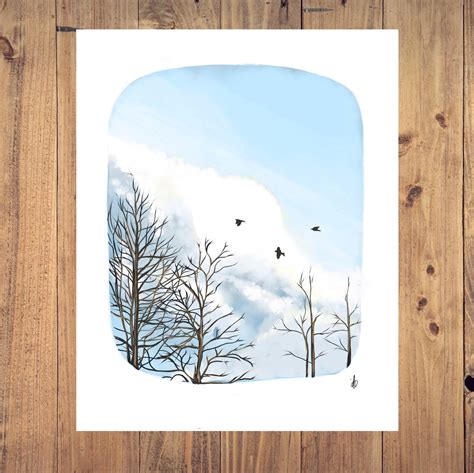 Winter Morning Sunlight Sunrise Birds Drawing Quirky Art Print | Etsy