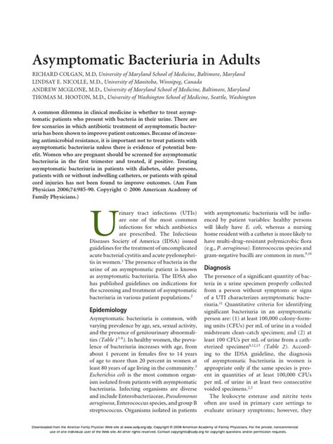 Asymptomatic Bacteriuria in Adults.pdf | Urinary Tract Infection ...